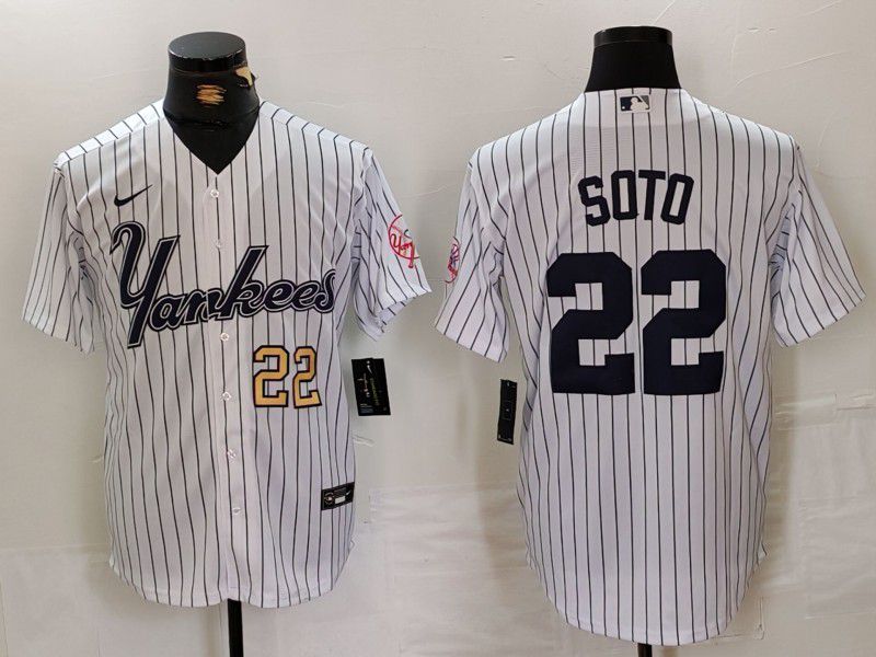 Men New York Yankees 22 Soto White stripe Three generations of joint names Nike 2024 MLB Jersey style 2